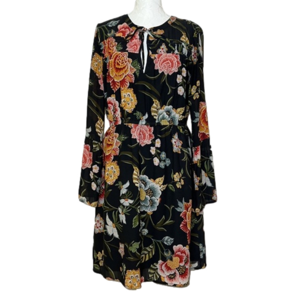 LOFT Black Floral Print Boho Bell Sleeve
Split Tie Neck Dress - Size X-Small